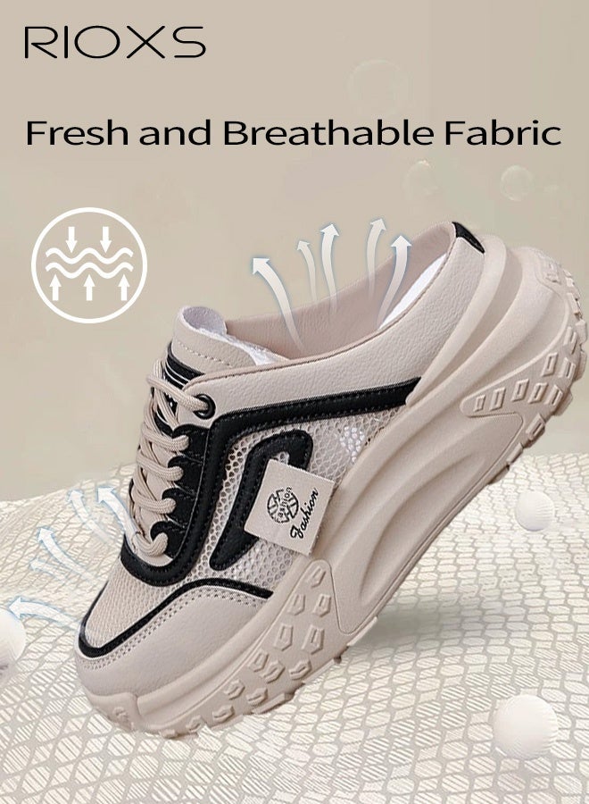 RIOXS Women's Comfort Shoes, Platform Slip On Sneakers for Women, Brethable Mesh Casual Shoes, Ladies Classic Closed Round Toe Slides, Fashion Half Slippers for Female, Chunky Mule Sneakers, Lace-Up Orthopedic Slip-Ons, Non-slip Walking Backless Shoes, Comfy Mule for Shopping Dating Work Daily Wear, Trendy 4.5cm Thick Sole Mules - Image 3